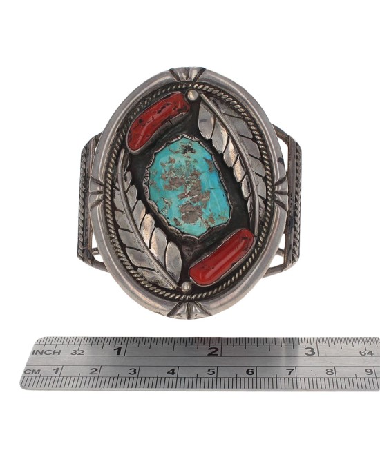 Navajo Raymond Scott Sterling Silver Turquoise & Coral Cuff Bracelet